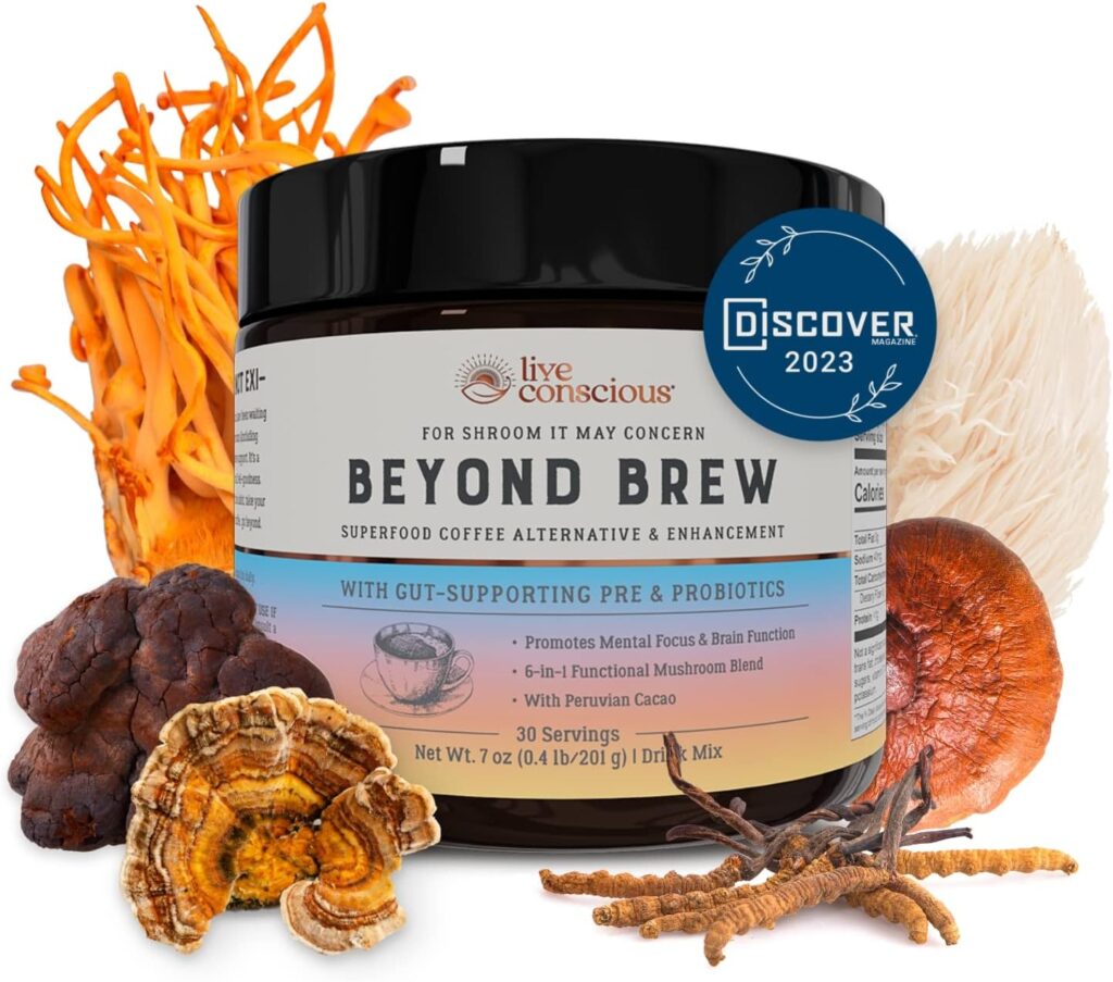 Beyond Brew Mushroom Superfood Coffee | Mushroom Coffee Alternative Low Caffeine | Healthy Coffee Substitute | W/Prebiotics  Probiotics | By Live Conscious | 30 Servings Net Wt. 7 oz (0.4 lb/201g)