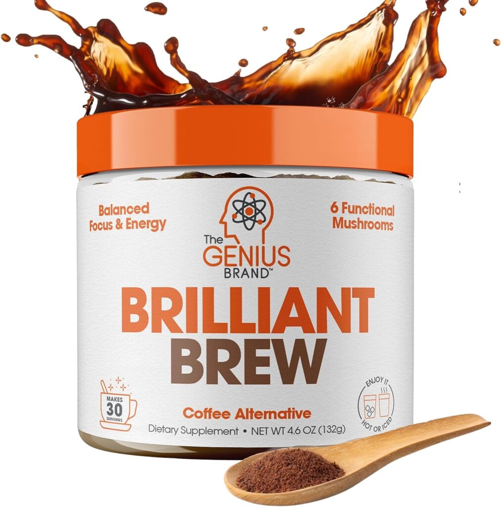 Genius Brilliant Brew, Coffee Alternative- Nootropic Adaptogen Mushroom Coffee Substitute, Natural Energy with No Jitters  Crash - 0 Sugar, No Preservatives or Artificial Flavors, Non-GMO  Soy-Free