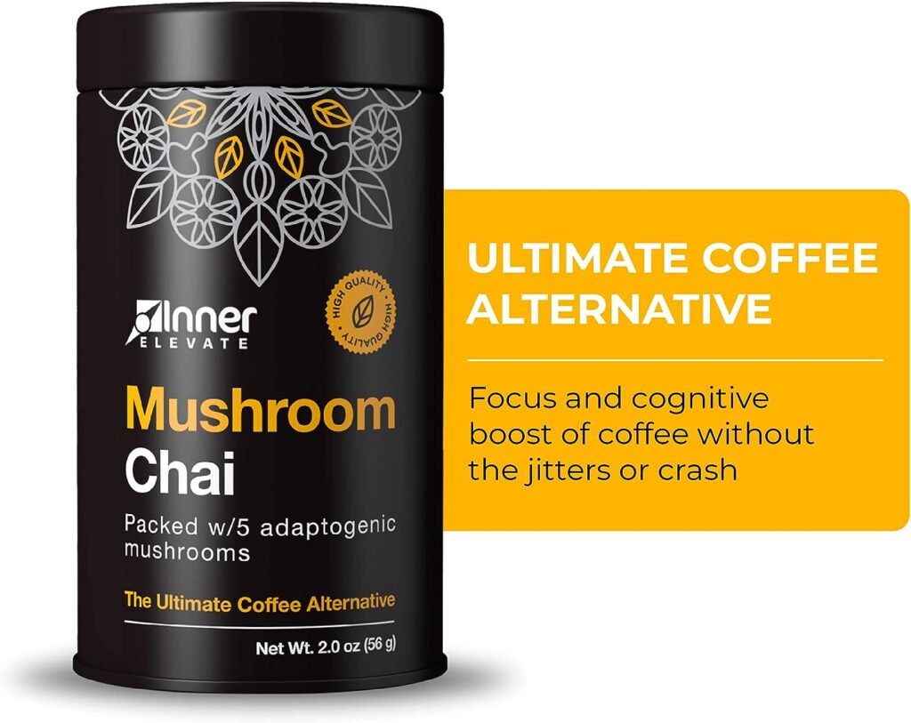 Inner Elevate Mushroom Chai - Ultimate Coffee Alternative - Adaptogenic Mushroom Drink with Lions Mane, Cordyceps, Chaga, Reishi, Turkey Tail (30 Servings)