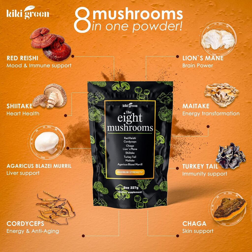 KIKI Green Mushroom Powder Extract - The 8 Mushrooms Supplement Blend for Coffee  Smoothie, 8 Oz - Lions Mane, Cordyceps, Chaga, Reishi, Shiitake, Turkey Tail, Maitake - Focus  Energy