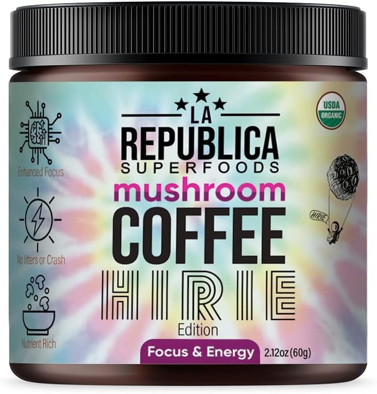 La Republica Organic Mushroom Coffee (HIRIE Special Edition) 30 Servings with 7 Superfood Mushrooms, 100% Fair Trade Rich Medium Roast Arabica Coffee, Hirie Music Limited Edition, USA Made