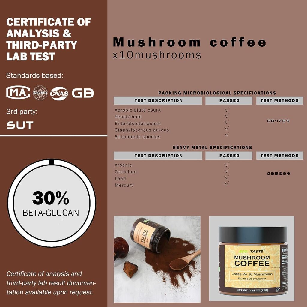 Mushroom Coffee - 36 Servings, Instant Coffee Mix Includes 10 Mushrooms Extract Powder (30% Beta-glucan)