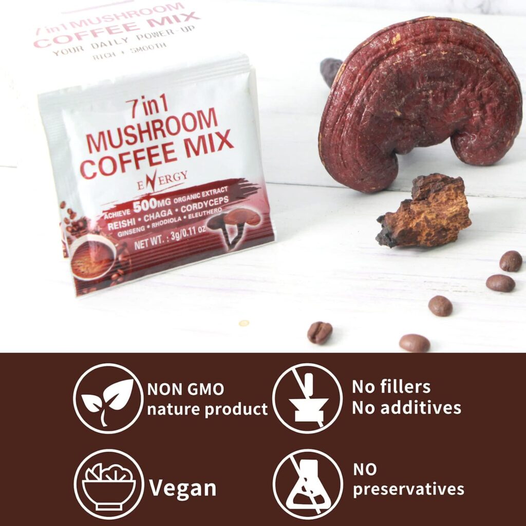 Mushroom Coffee Mix 7 in 1, TCM Designed for Energy with Reishi, Cordyceps, Chaga, Rhodiola, Ginseng, and Eleuthero Mushroom Extracts – 12 Sachets