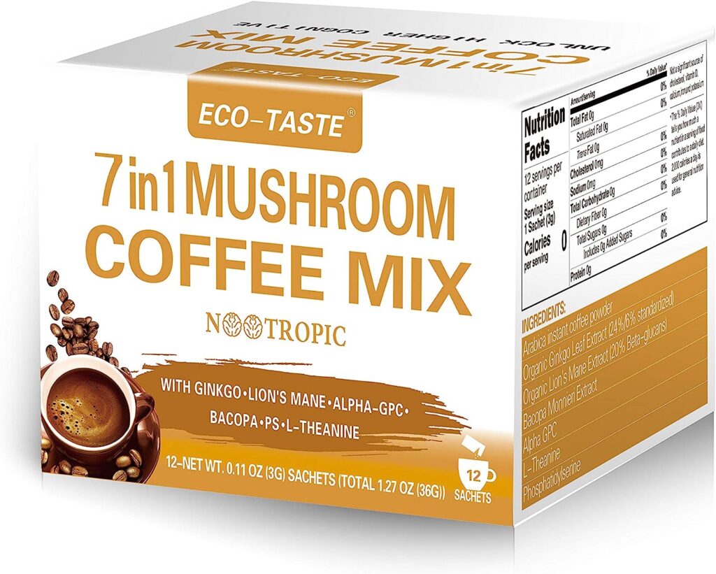 Mushroom Coffee Mix 7 in 1, with Ginkgo, Lions Mane, Alpha-GPC, Bacopa, PS, L-Theanine â 12 Sachets