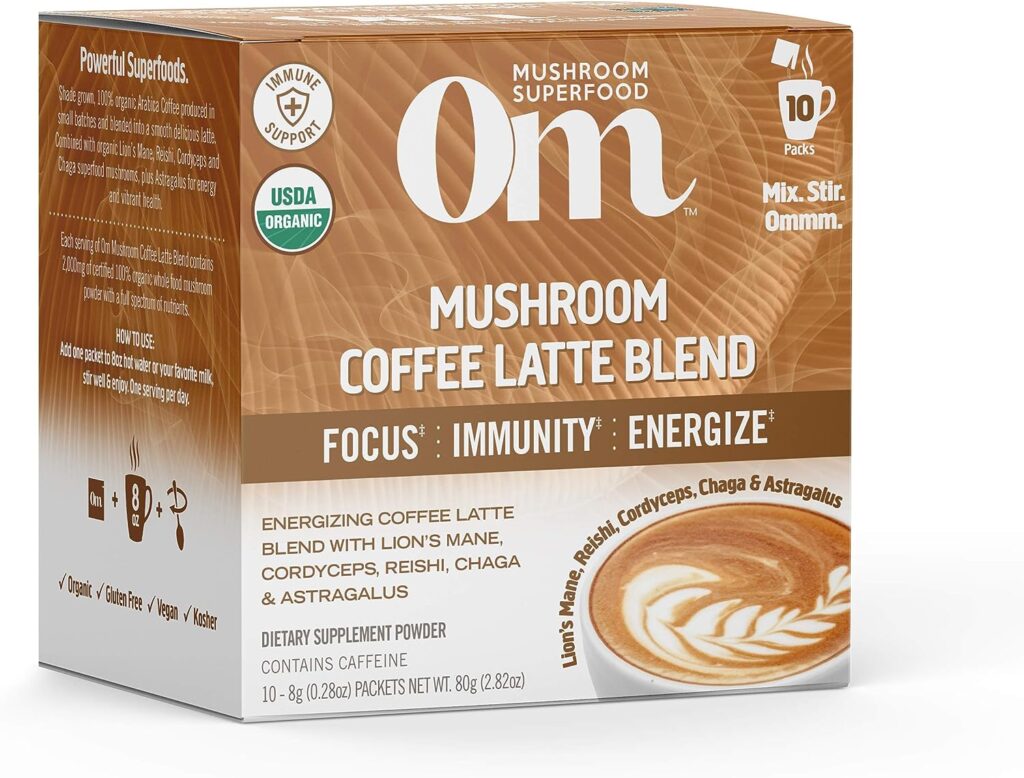 Om Mushroom Superfood Coffee Latte Blend Mushroom Powder, Single Serve, 10 Count, Lions Mane, Cordyceps, Reishi, Chaga, Energy  Mental Clarity Support Supplement