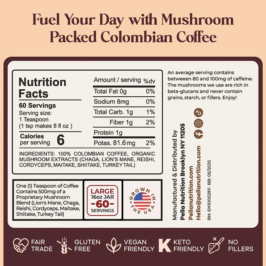 Organic Mushroom Coffee (60 Servings) with 7 Superfood Mushrooms, Great Tasting Colombian Instant Coffee, Includes Lions Mane, Reishi, Chaga, Cordyceps, Shiitake, Maitake, and Turkey Tail