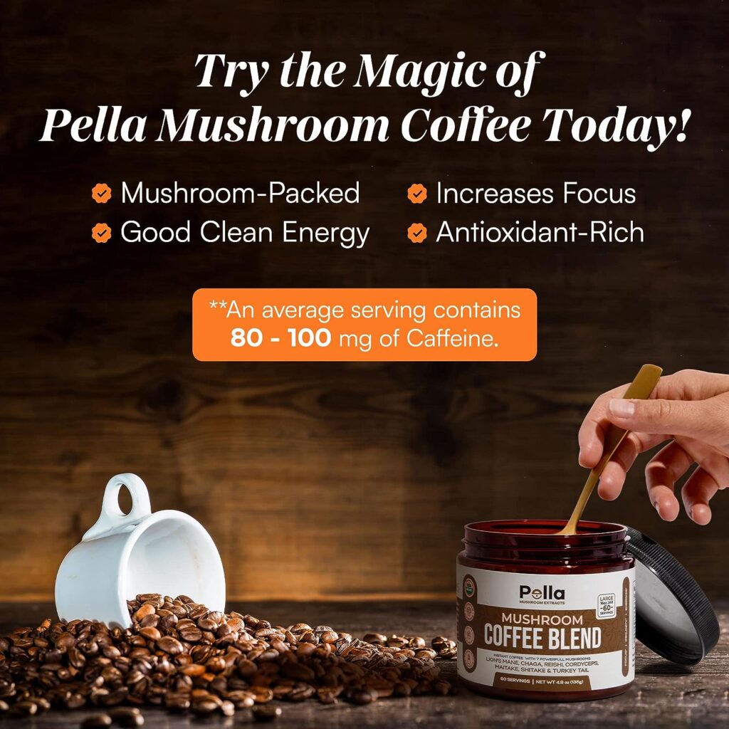 Organic Mushroom Coffee (60 Servings) with 7 Superfood Mushrooms, Great Tasting Colombian Instant Coffee, Includes Lions Mane, Reishi, Chaga, Cordyceps, Shiitake, Maitake, and Turkey Tail