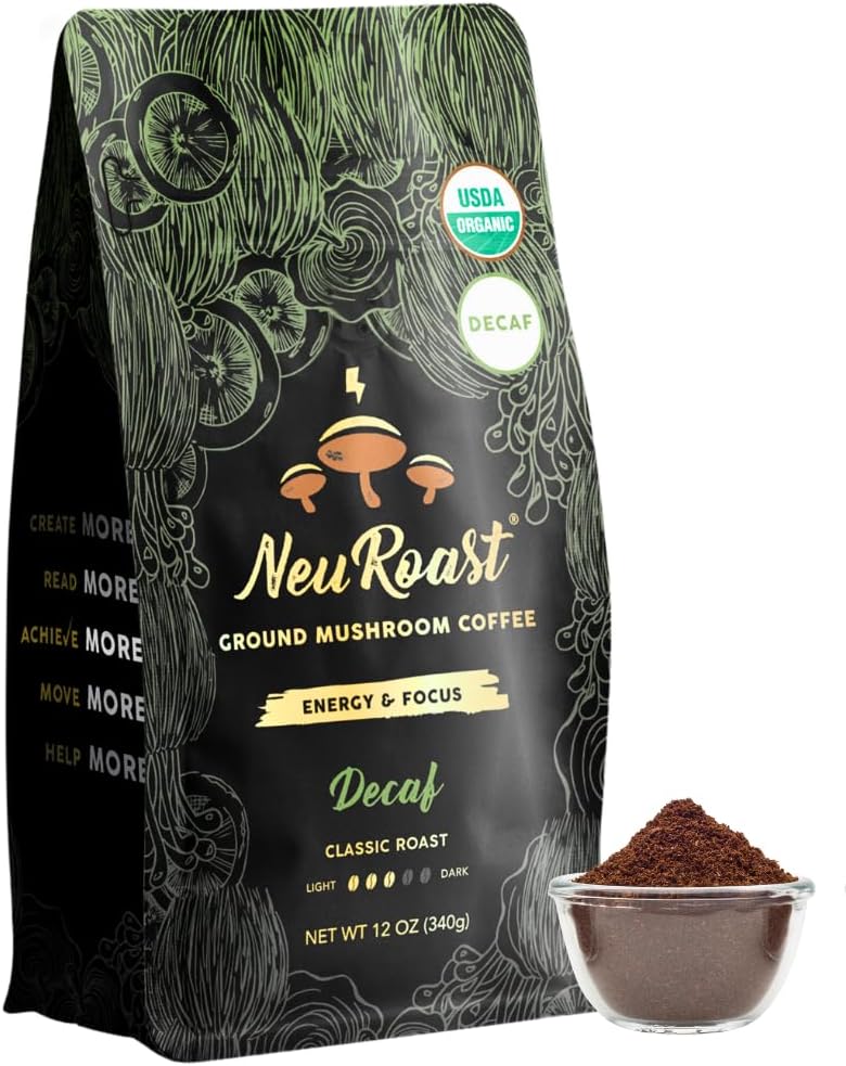 Organic Swiss Decaf Ground Mushroom Coffee by NeuRoast - Low Acid - Five Superfood Mushrooms Including Lions Mane  Cordyceps - Nootropic Blend for Cognitive Support