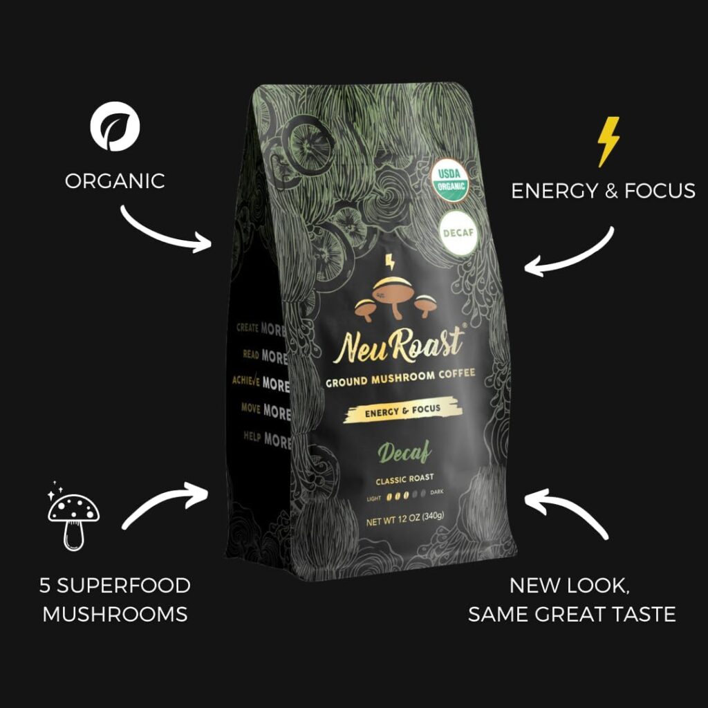Organic Swiss Decaf Ground Mushroom Coffee by NeuRoast - Low Acid - Five Superfood Mushrooms Including Lions Mane  Cordyceps - Nootropic Blend for Cognitive Support