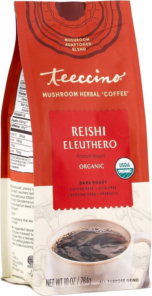 Teeccino Reishi Eleuthero Coffee Alternative - French Roast - Organic Adaptogenic Herbal Mushroom Coffee, Dark Roast, Caffeine Free, Prebiotic, Acid Free, All-Purpose Grind - 10 Oz