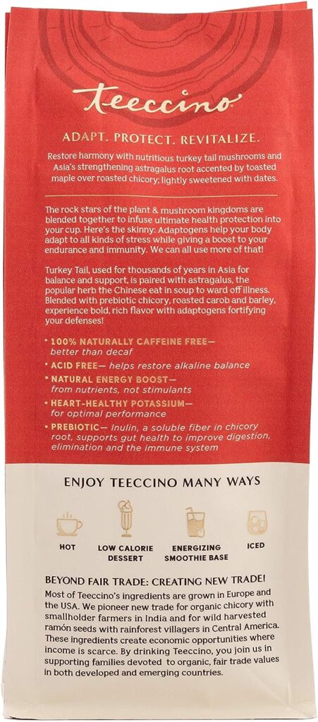 Teeccino Turkey Tail Astragalus Coffee Alternative - Toasted Maple - Adaptogenic Herbal Mushroom Coffee, Medium Roast, Caffeine Free, Prebiotic, Acid Free, All-Purpose Grind - 10 Oz