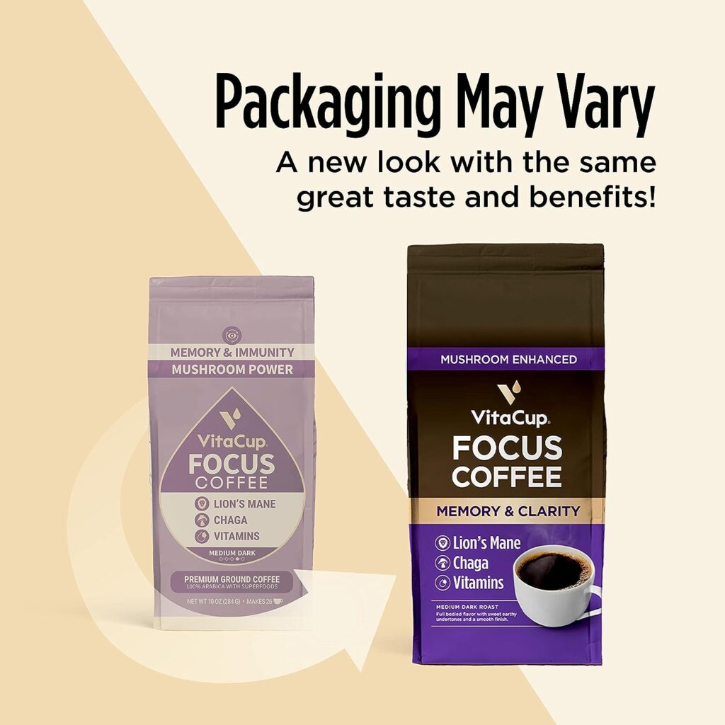 VitaCup Focus Ground Mushroom Coffee, Boost Focus  Immunity with Lions Mane, Chaga, B Vitamins, D3, Memory  Clarity, Medium Dark Roast, Bold  Smooth 100% Arabica Specialty Coffee Grounds, 10 Oz