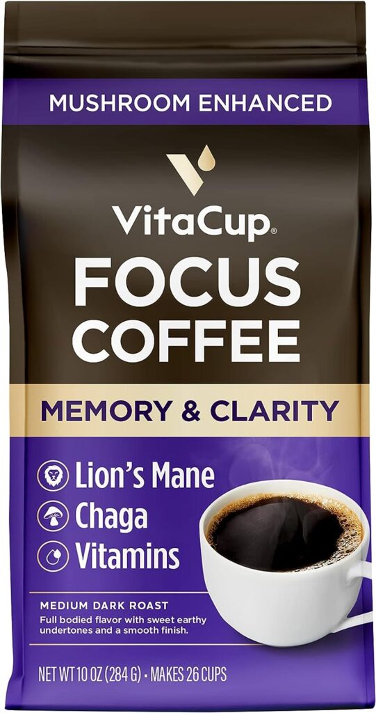 VitaCup Focus Ground Mushroom Coffee, Boost Focus  Immunity with Lions Mane, Chaga, B Vitamins, D3, Memory  Clarity, Medium Dark Roast, Bold  Smooth 100% Arabica Specialty Coffee Grounds, 10 Oz