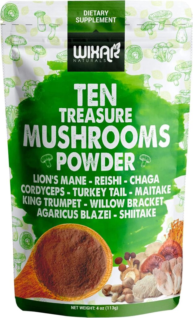 Wixar Mushroom Powder - Ten Treasure Mushrooms Extract Supplement Blend for Coffee  Smoothies - Lions Mane, Turkey Tail, Reishi, Chaga, Shiitake, Cordyceps, Complex - 4oz Mushroom Supplement