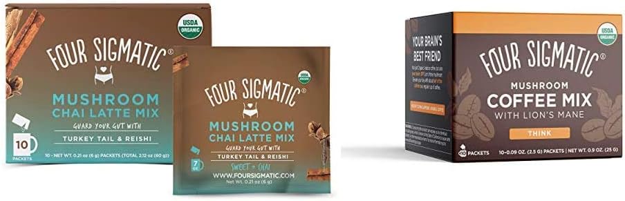 Four Sigmatic Chai Latte, Organic Instant Chai Latte with Turkey Tail, 10 Count  Four Sigmatic Mushroom Instant Coffee, Organic and Fair Trade Instant Coffee with Lions Mane, Chaga