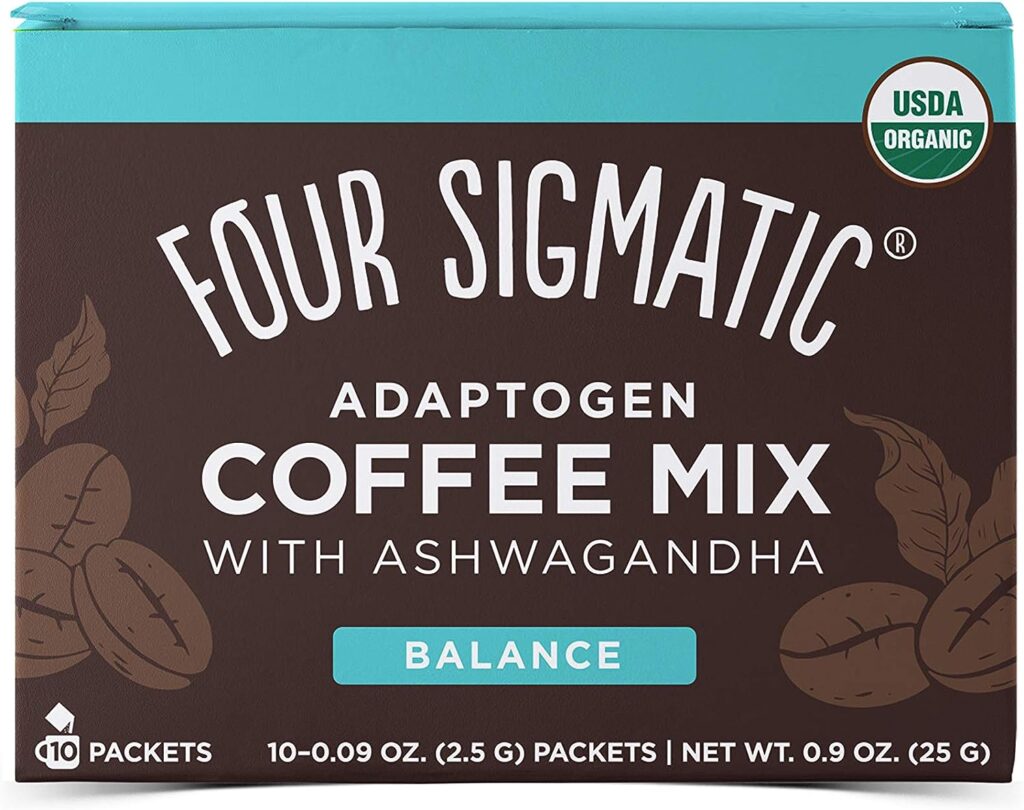 Four Sigmatic Golden Latte, Organic Instant Golden Latte with Shiitake Mushroom, 10 Count  Four Sigmatic Adaptogen Coffee, Organic Medium Roast Instant Coffee with Ashwagandha, 10 Count