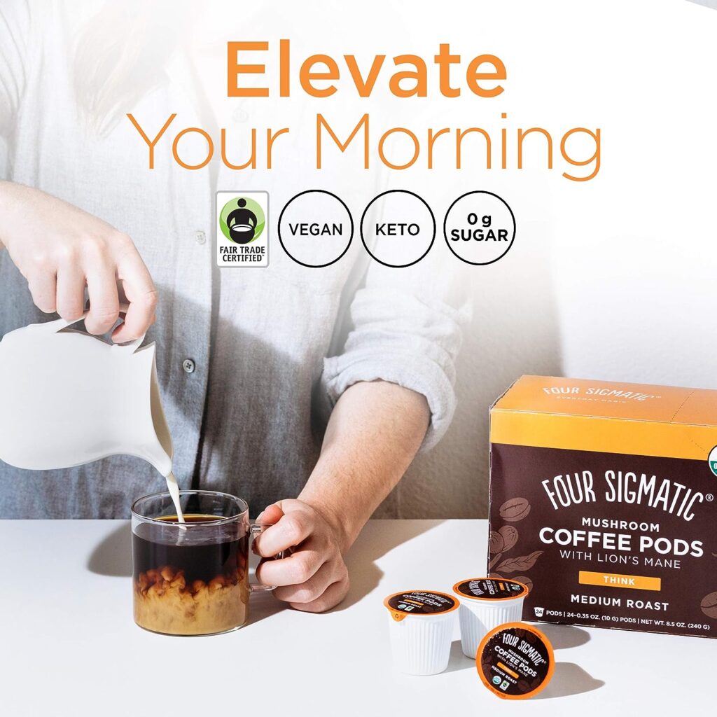 Four Sigmatic Mushroom Coffee K-Cups | Organic and Fair Trade Dark Roast Coffee with Lions Mane, Chaga  Mushroom Powder | Focus  Immune Support | Vegan  Keto | Sustainable Pods | 24 Count