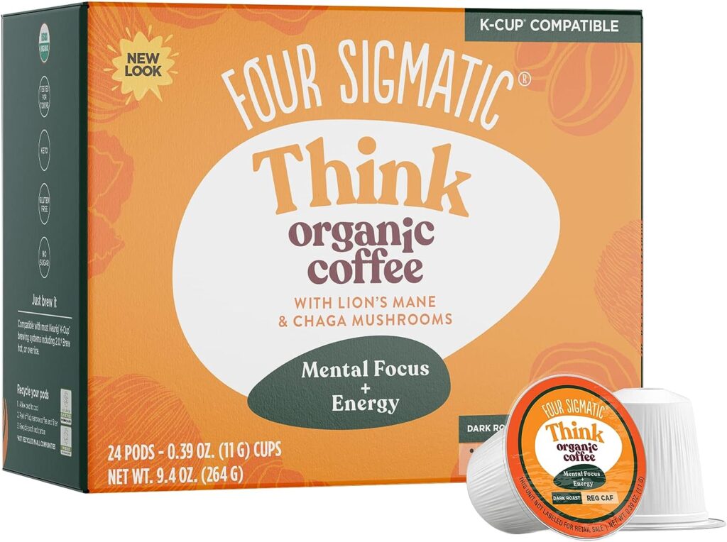 Four Sigmatic Mushroom Coffee K-Cups | Organic and Fair Trade Dark Roast Coffee with Lions Mane, Chaga  Mushroom Powder | Focus  Immune Support | Vegan  Keto | Sustainable Pods | 24 Count