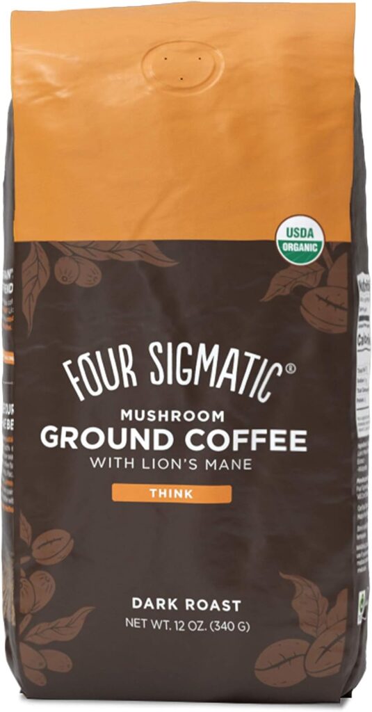 Four Sigmatic Mushroom Ground Coffee, Organic and Fair Trade Coffee with Lions Mane, 12 Oz  Four Sigmatic Mushroom Coffee, Organic Instant Mushroom Coffee with Cordyceps and Chaga Mushrooms, 10 Count