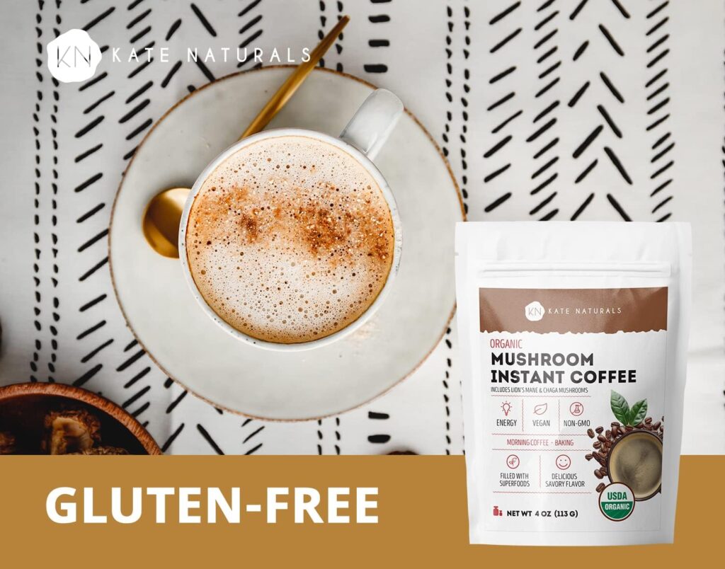 Instant Mushroom Coffee Organic 4oz by Kate Naturals. Regular coffee alternative with Superfood Blend. Mushroom Coffee with Lions Mane  Chaga Mushrooms. Great for Organic Vegan Coffee Drinks. Resealable Bag.