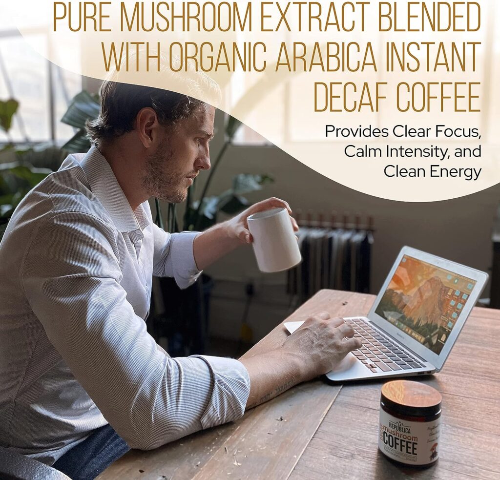 La Republica Organic Decaf Mushroom Coffee with 7 Superfood Mushrooms, Great Tasting Instant Coffee Mix Includes Lions Mane, Reishi, Chaga, Cordyceps, Shiitake, Maitake, and Turkey Tail (Regular)
