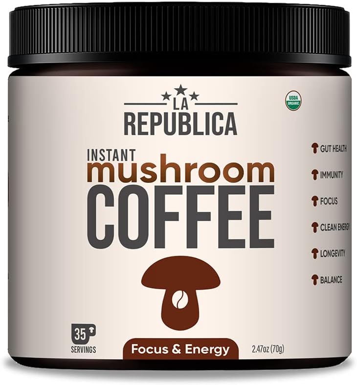 La Republica Organic Mushroom Coffee (35 Servings) with 7 Superfood Mushrooms, Great Tasting Arabica Instant Coffee, Includes Lions Mane, Reishi, Chaga, Cordyceps, Shiitake, Maitake, and Turkey Tail