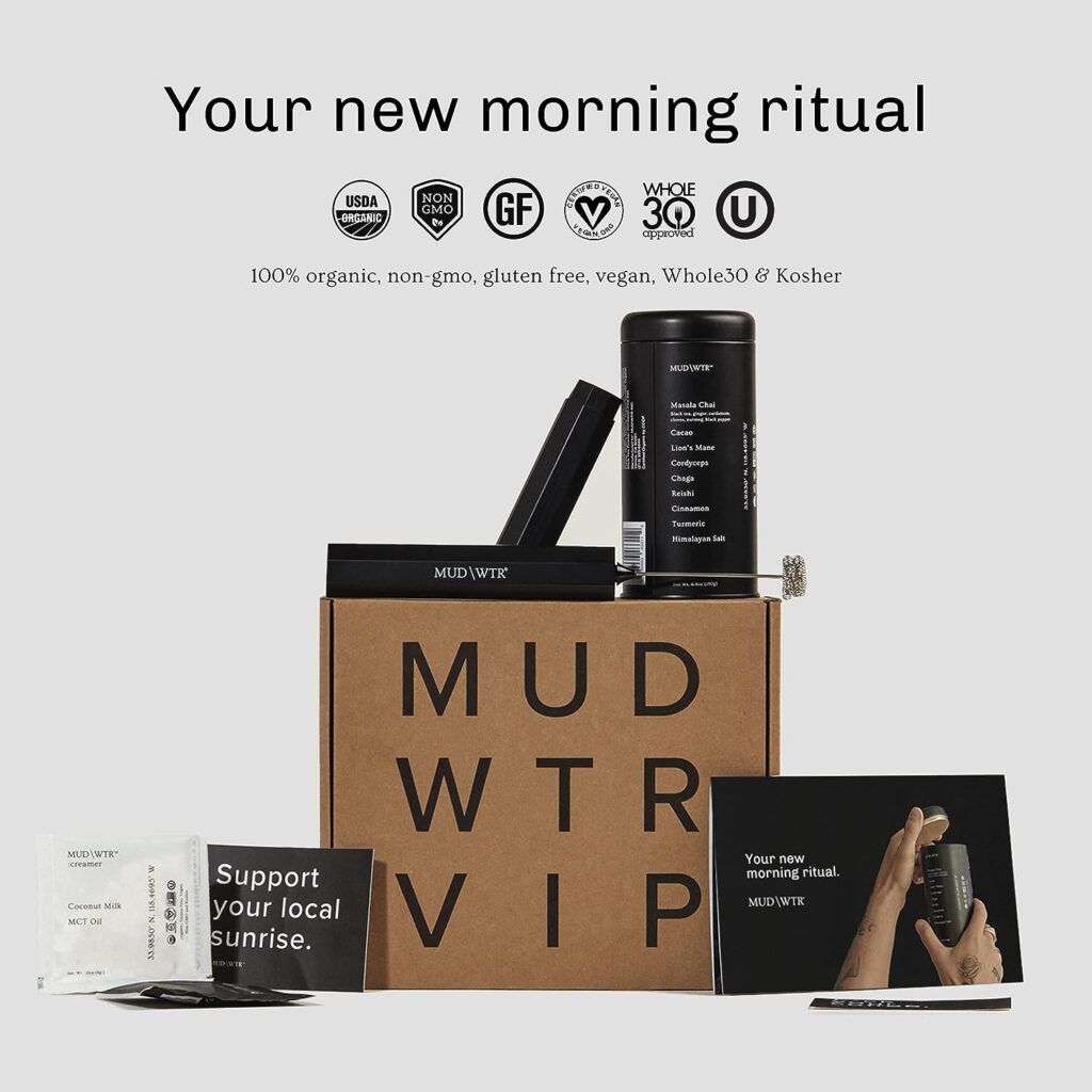 MUDWTR Coffee Alternative Morning Ritual Kit, Organic Lions Mane, Cordyceps, Chaga, and Reishi Mushroom Powder, Vegan, Milk Frother Included, 180g