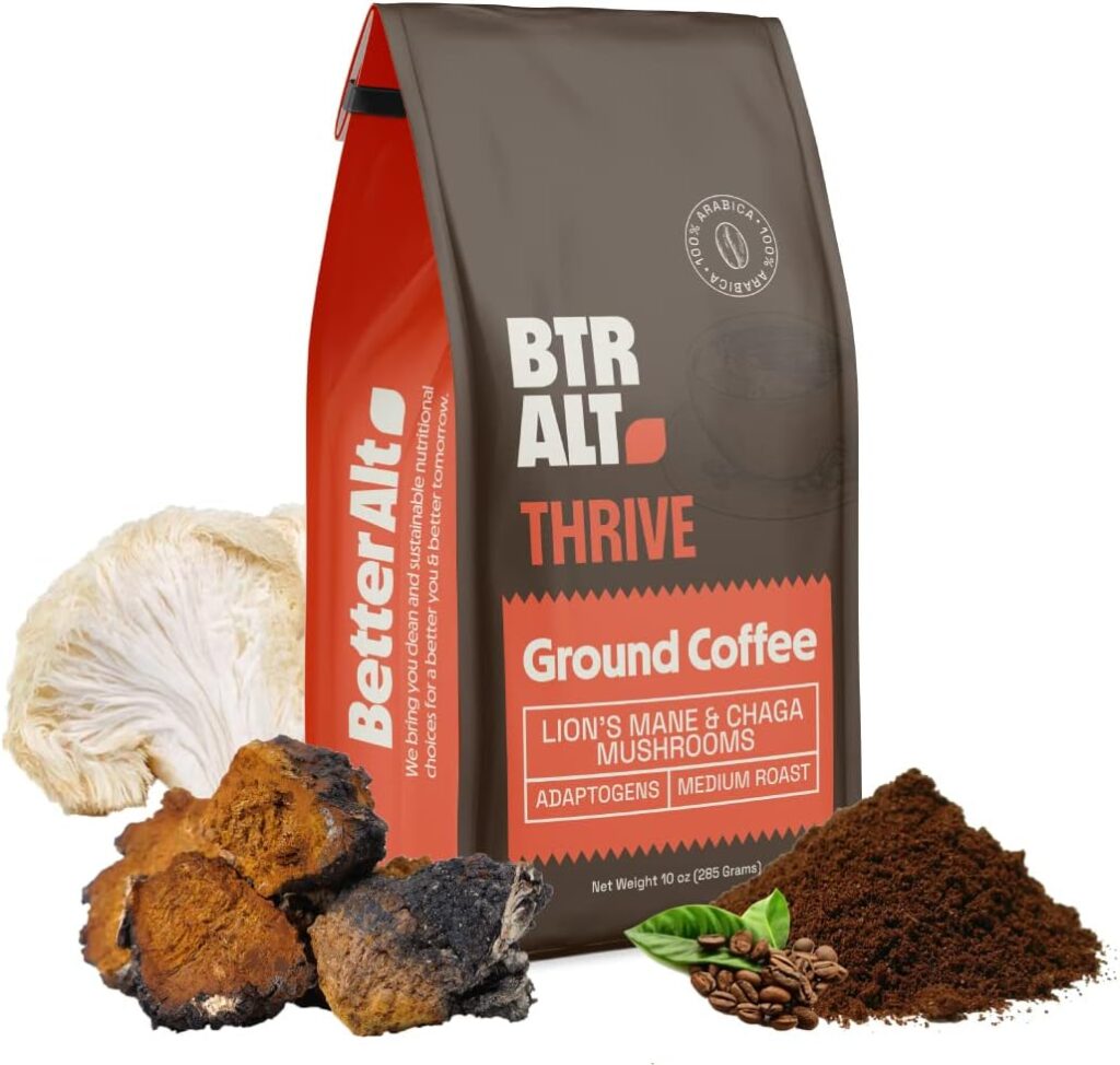 Mushroom Coffee by Better Alt | Ground Coffee Medium Roast | Premium Arabica with Lions Mane  Chaga | Immune Support, Energy Boost, Enhanced Focus  Concentration | No Crashes  Jitters | 10oz