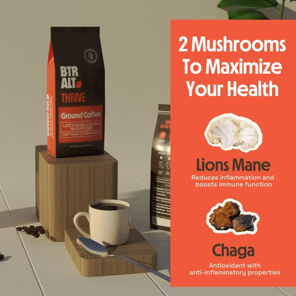 Mushroom Coffee by Better Alt | Ground Coffee Medium Roast | Premium Arabica with Lions Mane  Chaga | Immune Support, Energy Boost, Enhanced Focus  Concentration | No Crashes  Jitters | 10oz