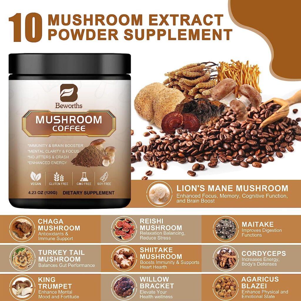 Mushroom Coffee - Lions Mane Mushroom Powder Instant Coffee with Lions Mane, Reishi, Chaga, Cordyceps, and Turkey Tail - Mushroom Coffee Alternative for Energy, Mental Clarity  Focus, Brain Booster