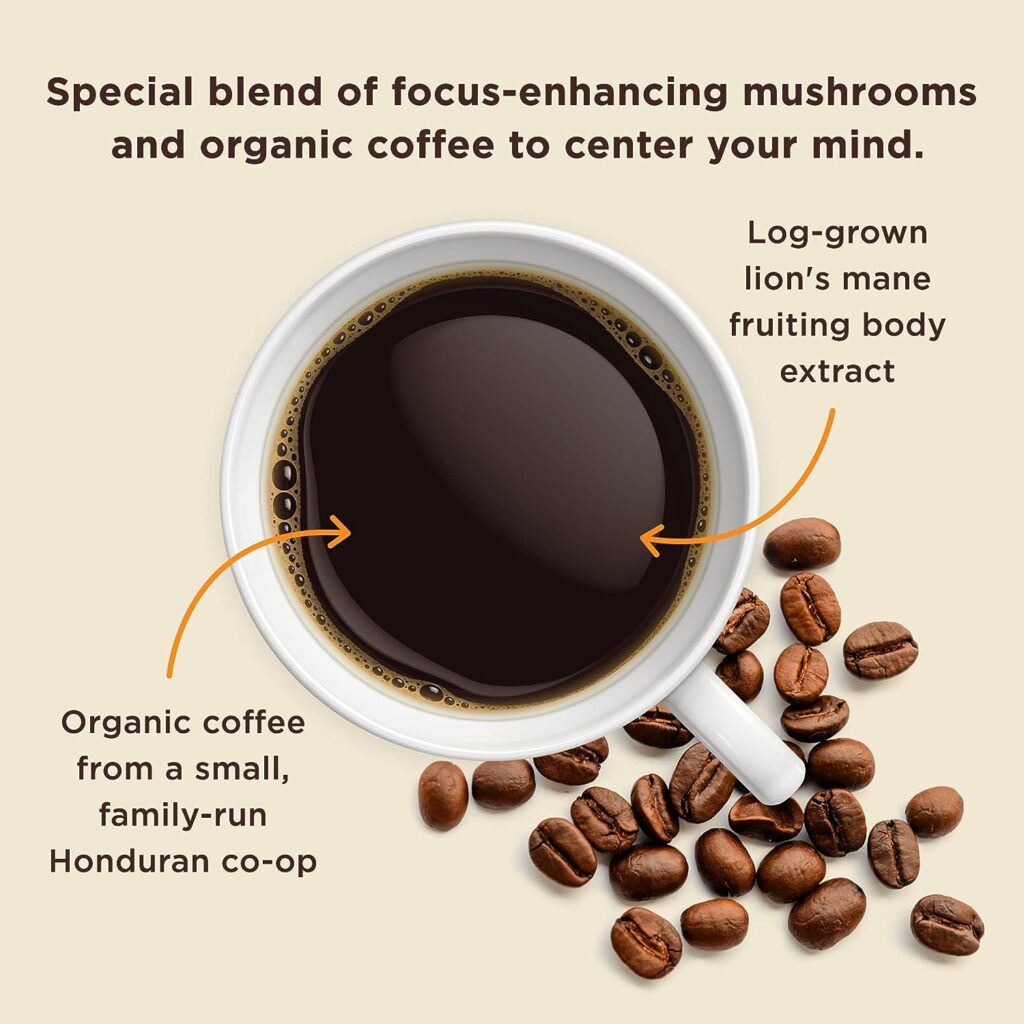 Organic Ground Mushroom Coffee by Four Sigmatic | Dark Roast, Fair Trade Gourmet Coffee with Lions Mane, Chaga  Mushroom Powder | Immune Boosting Coffee for Focus  Immune Support | 12oz Bag