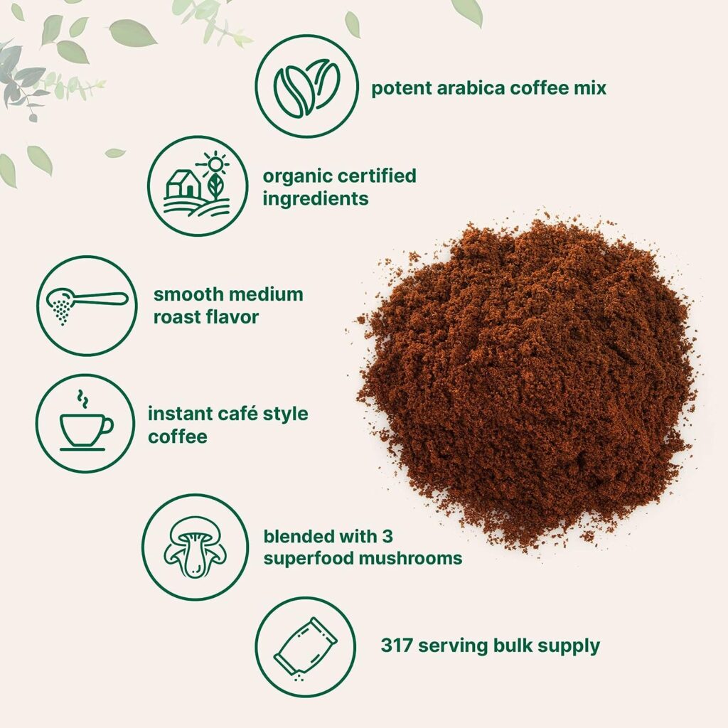 Organic Instant Mushroom Coffee Powder, 28 Ounce (317 Servings) | Premium Arabica Coffee With Lion’s Mane, Chaga,  Reishi | Smooth Medium Roast Flavor, Clean Energy  Focus
