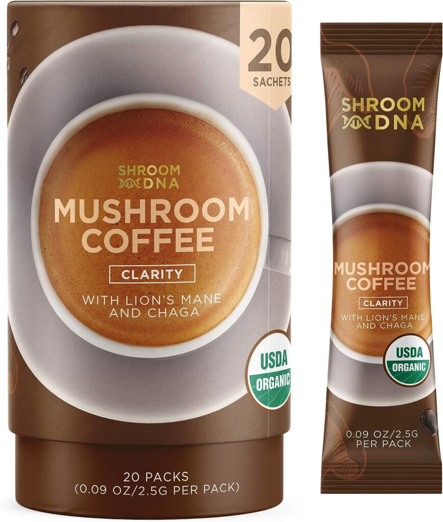 ShroomDNA Organic Mushroom Coffee with Lions Mane and Chaga Mushrooms, Organic Instant Coffee. Instant Focus + Clarity All Day. Vegan, Gluten Free, No Added Sugar | USDA Certified Organic (20 Count (Pack of 1))