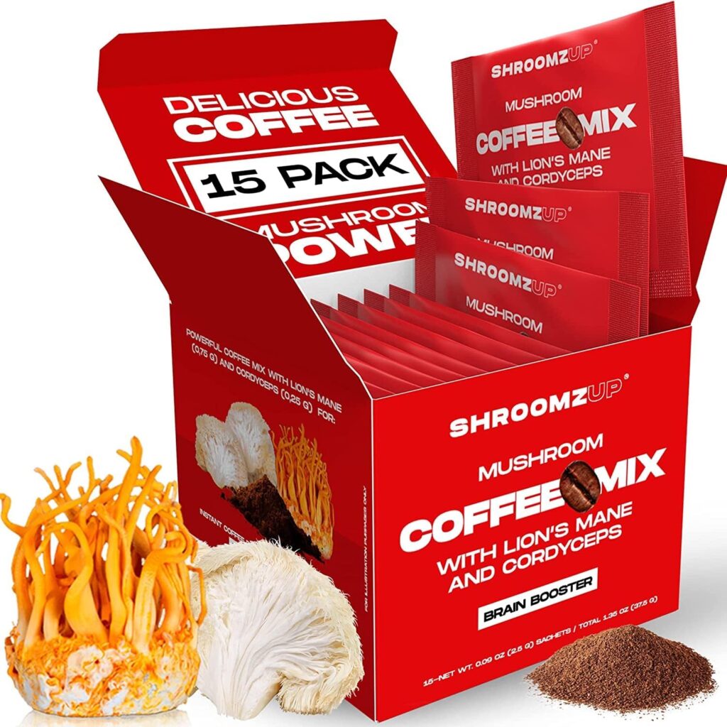 Shroomzup Mushroom Coffee Instant (15 Pack) - Lions Mane and Cordyceps - Superfood Coffee for Keto, Vegan, Paleo - Arabica and Robusta Instant Coffee Packets Ground Powder Brain Focus, Productivity