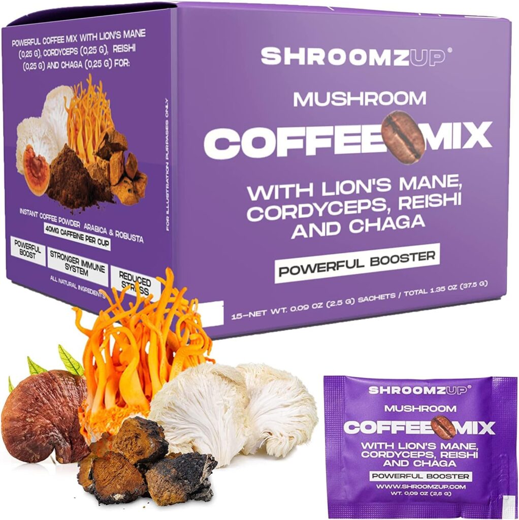 ShroomzUp Mushroom Coffee Instant - 15 Pack with 4 Mushrooms - Lion’s Mane, Reishi, Chaga and Cordyceps Mushrooms - Vegan Nootropic Coffee Instant - Arabica and Robusta Instant Coffee Powder for Focus