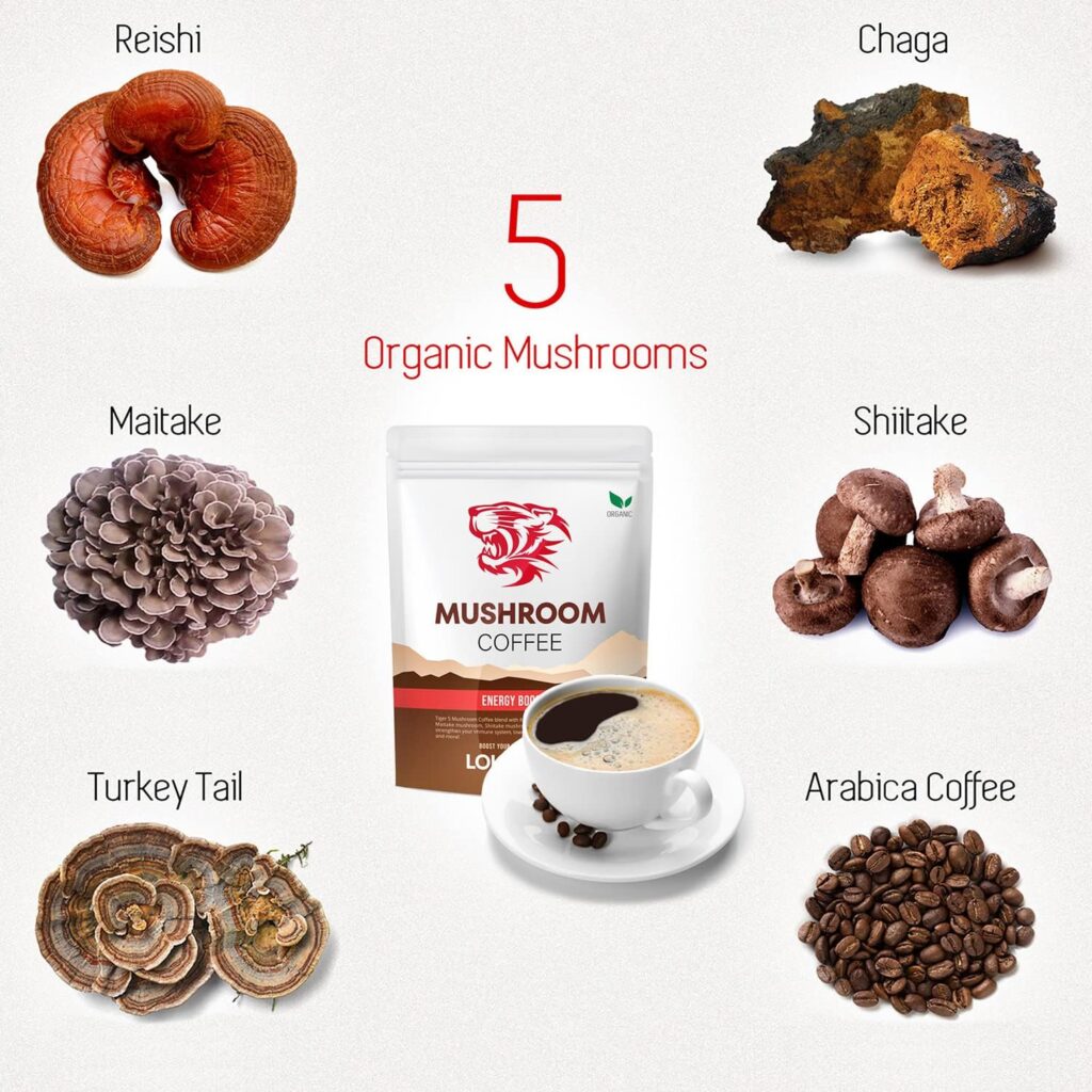 Tiger Mushroom Coffee Organic Blend 3.5 oz - 100% Arabica Coffee with 5 Superfood Mushrooms Includes Reishi, Chaga, Maitake, Shiitake, Turkey Tail